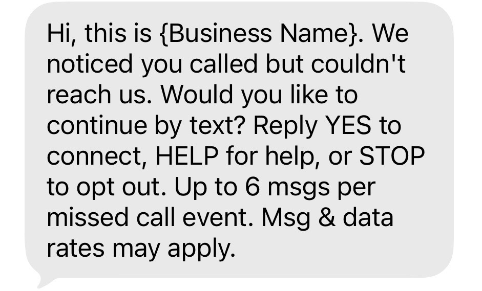 Screenshot of the missed-call opt-in text message
