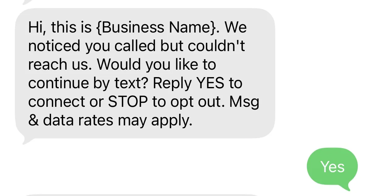 Screenshot of the opt-in text followed by the customer replying YES